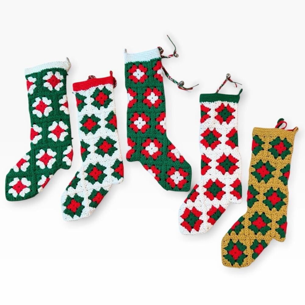 Handmade Crochet Granny Square Christmas Stockings Set of 5 Holiday Decor